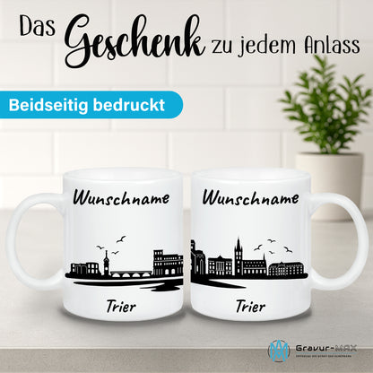 Tasse in Weiß 330ml bedruckt mit der Skyline von Trier personalisierbar mit Wunschname