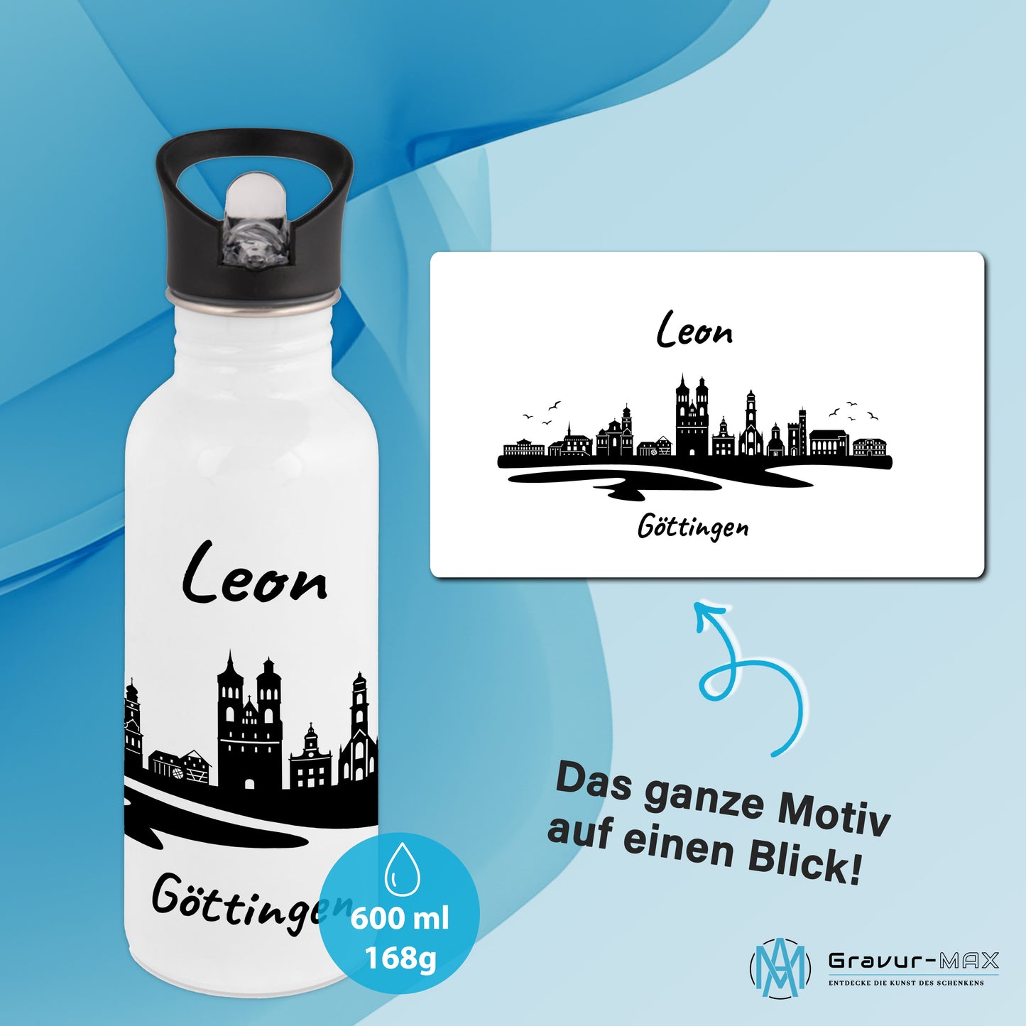 Trinkflasche in Weiß 600ml aus Edelstahl bedruckt mit der Skyline von Göttingen personalisierbar mit Wunschname