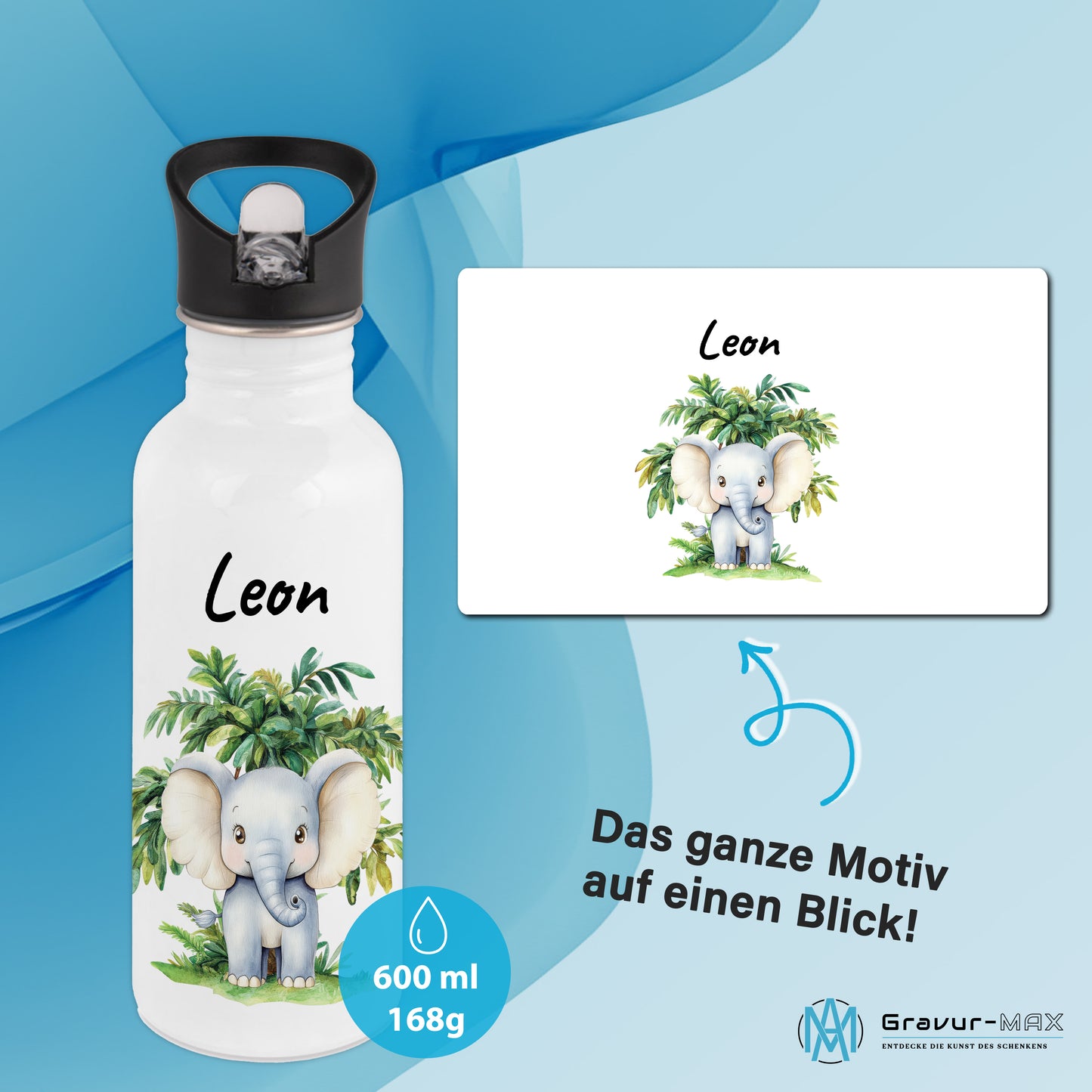 Trinkflasche mit Strohhalm in Weiß 600ml bedruckt mit Dschungel Tieren"Elefant" personalisierbar für Kinder mit Wunschname aus Edelstahl