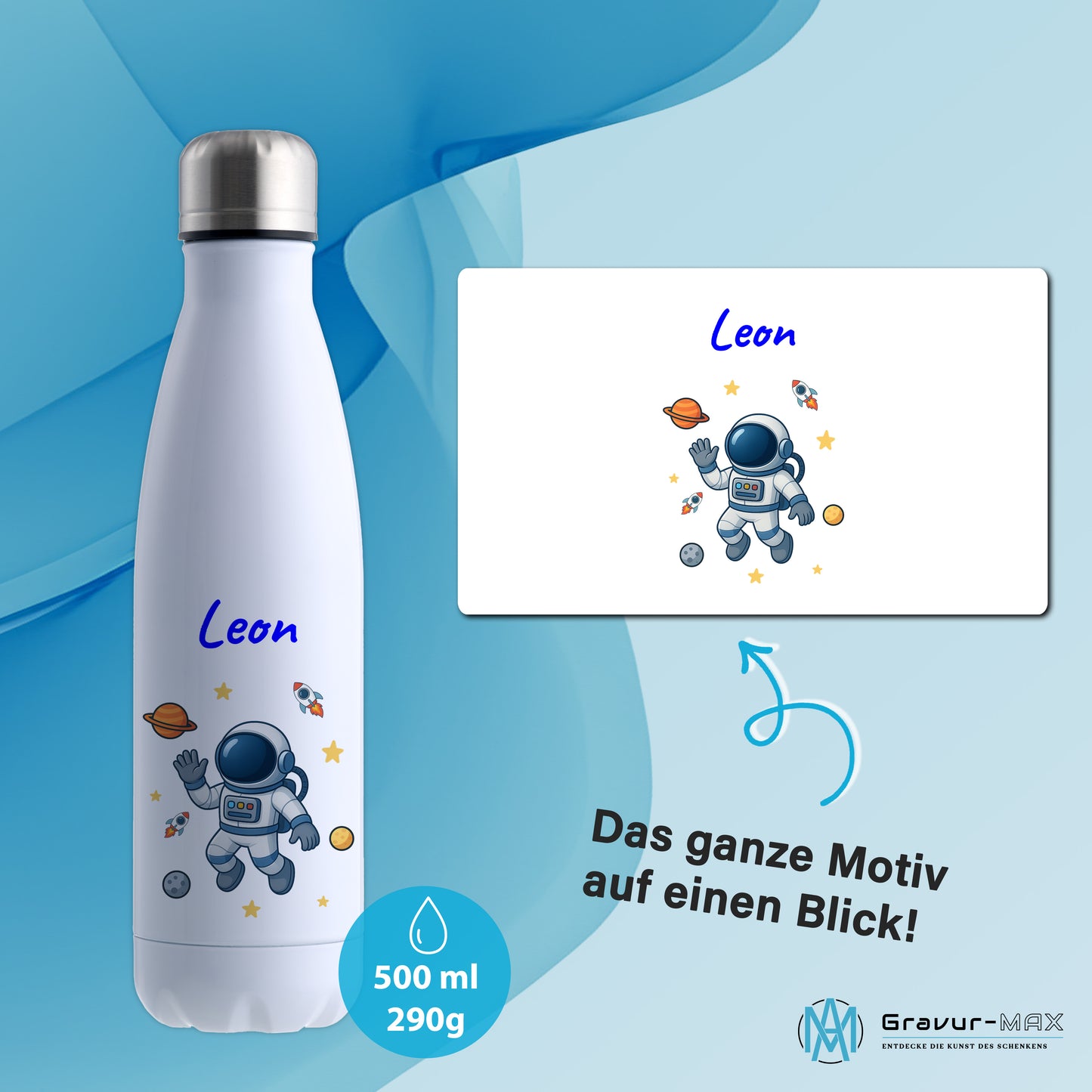 Thermoflasche 500ml in Weiß bedruckt mit tollen Motiven für Kinder "Astronaut" personalisierbar mit Wunschname