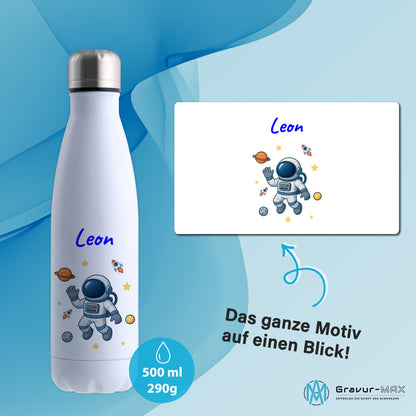Thermoflasche 500ml in Weiß bedruckt mit tollen Motiven für Kinder "Astronaut" personalisierbar mit Wunschname