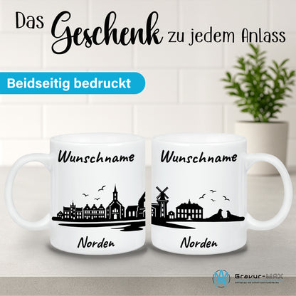 Tasse in Weiß 330ml bedruckt mit der Skyline von Norden personalisierbar mit Wunschname