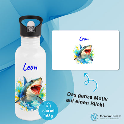 Trinkflasche mit Strohhalm in Weiß 600ml bedruckt mit tollen Motiven für Kinder "Hai" personalisierbar für Kinder mit Wunschname aus Edelstahl