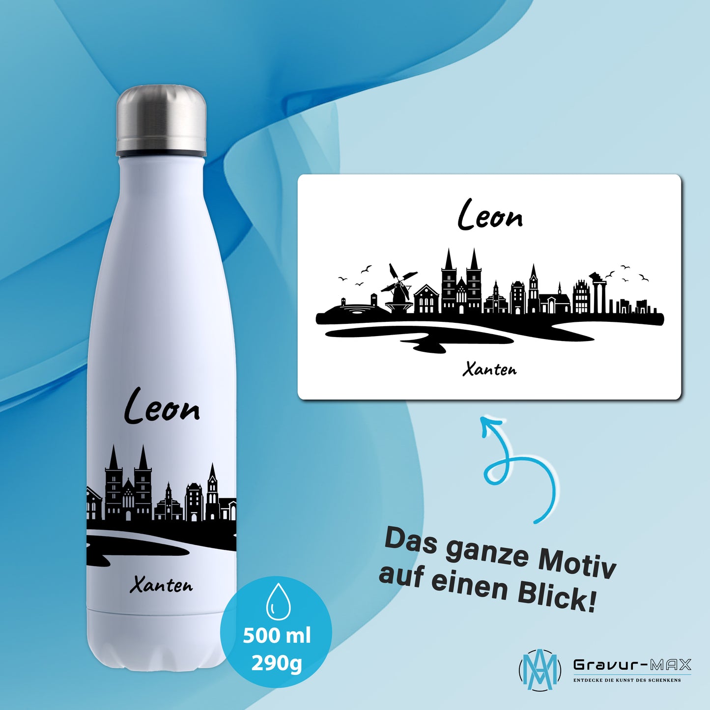 Trinkflasche in Weiß 500ml aus Edelstahl bedruckt mit der Skyline von Xanten personalisierbar mit Wunschname