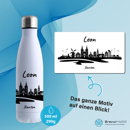 Trinkflasche in Weiß 500ml aus Edelstahl bedruckt mit der Skyline von Xanten personalisierbar mit Wunschname