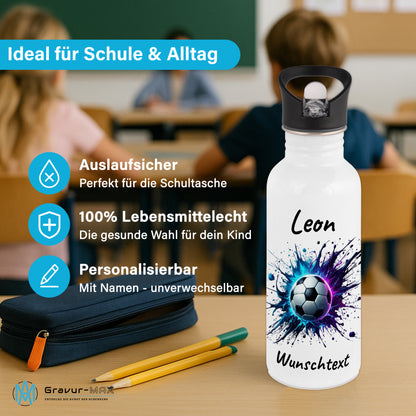Trinkflasche mit Strohhalm in Weiß 600ml bedruckt mit Fußball Motiven"Motiv10" personalisierbar für Kinder mit Wunschname aus Edelstahl