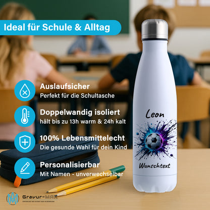 Thermoflasche 500ml in Weiß aus Edelstahl bedruckt "Fußball" Motiv10 personalisierbar mit Wunschname & Text