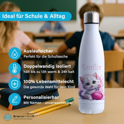 Trinkflasche in Weiß 500ml aus Edelstahl bedruckt mit niedlichen Tieren "Katze" personalisierbar für Kinder mit Wunschname