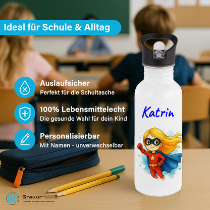 Trinkflasche mit Strohhalm in Weiß 600ml bedruckt mit tollen Motiven für Kinder "Superheldin" personalisierbar für Kinder mit Wunschname aus Edelstahl