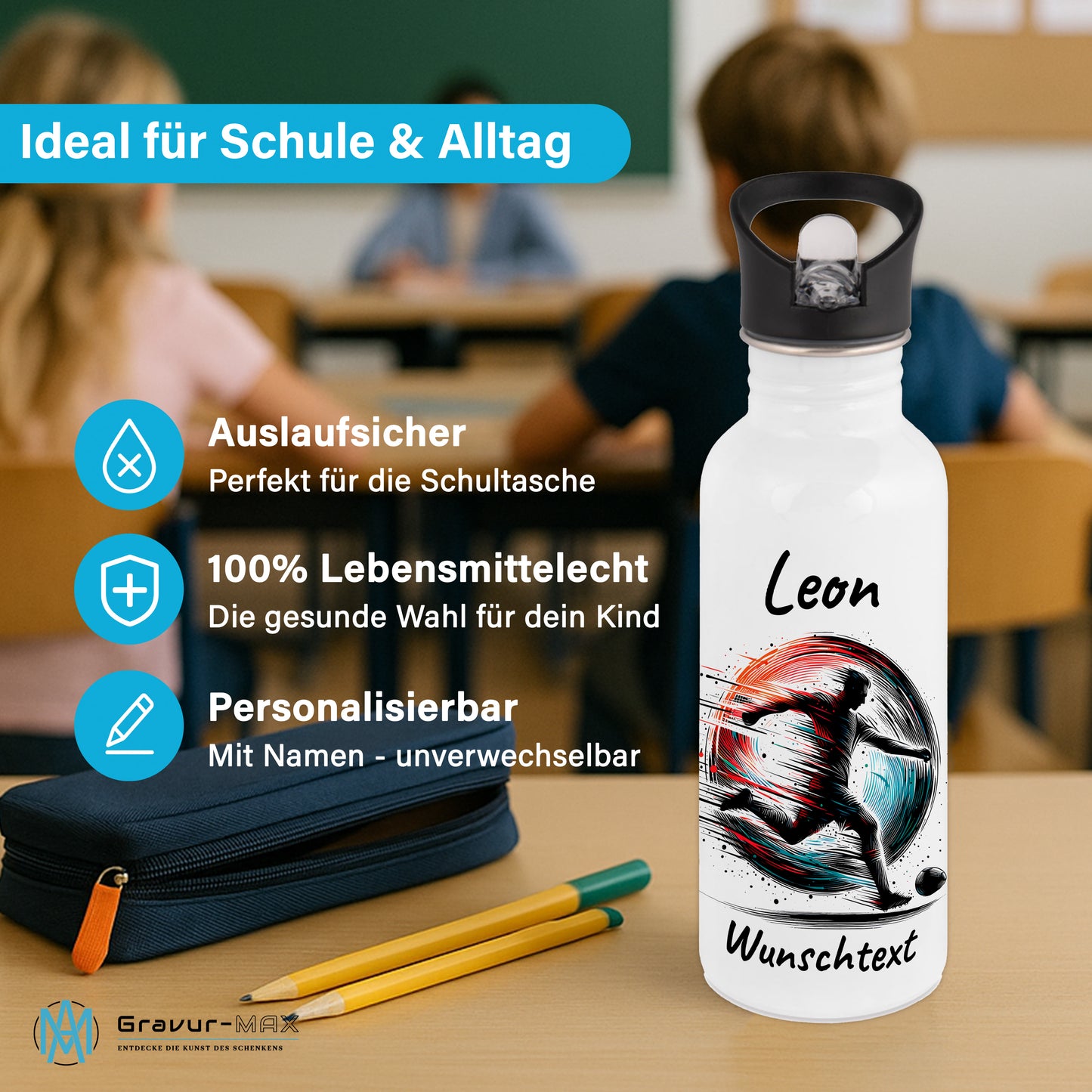 Trinkflasche mit Strohhalm in Weiß 600ml bedruckt mit Fußball Motiven"Motiv3" personalisierbar für Kinder mit Wunschname aus Edelstahl