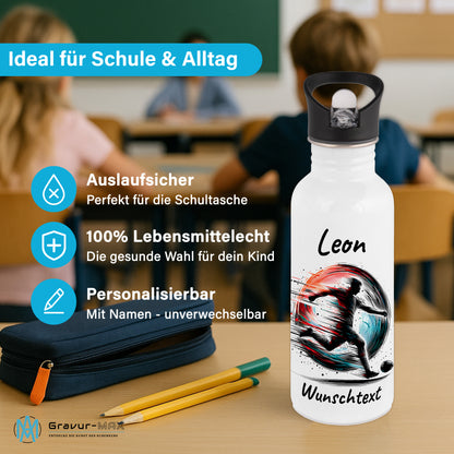 Trinkflasche mit Strohhalm in Weiß 600ml bedruckt mit Fußball Motiven"Motiv3" personalisierbar für Kinder mit Wunschname aus Edelstahl