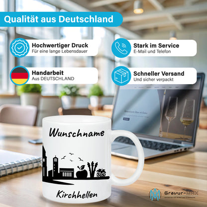 Tasse in Weiß 330ml bedruckt mit der Skyline von Kirchhellen personalisierbar mit Wunschname