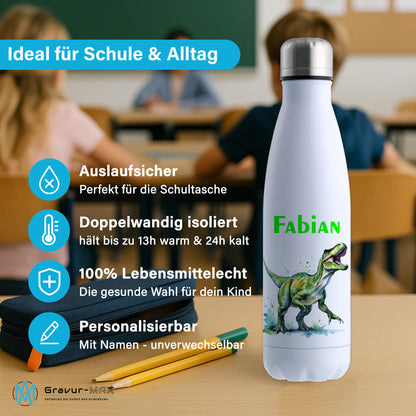 Thermoflasche 500ml in Weiß bedruckt mit tollen Motiven für Kinder "Dino T-Rex" personalisierbar mit Wunschname