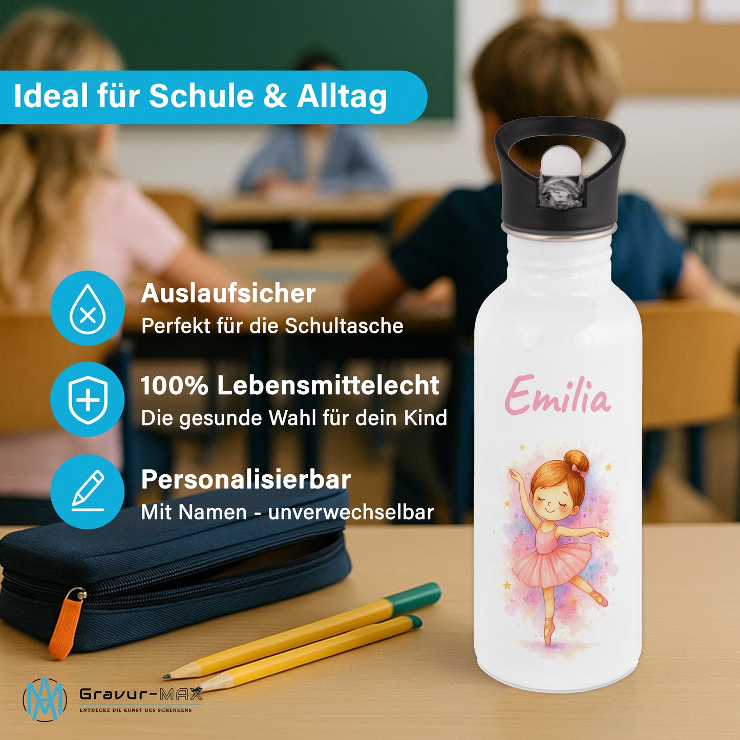 Trinkflasche mit Strohhalm in Weiß 600ml bedruckt mit tollen Motiven für Kinder "Ballerina" personalisierbar für Kinder mit Wunschname aus Edelstahl