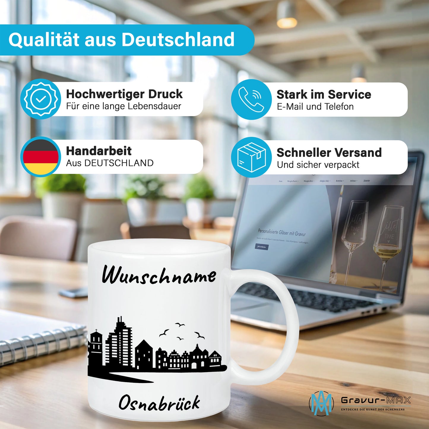 Tasse in Weiß 330ml bedruckt mit der Skyline von Osnabrück personalisierbar mit Wunschname