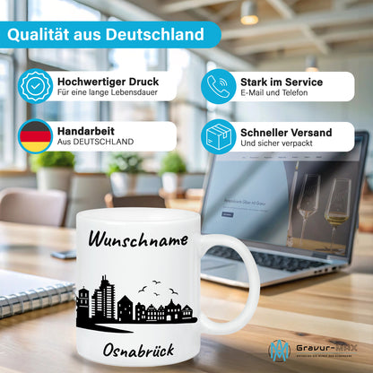 Tasse in Weiß 330ml bedruckt mit der Skyline von Osnabrück personalisierbar mit Wunschname