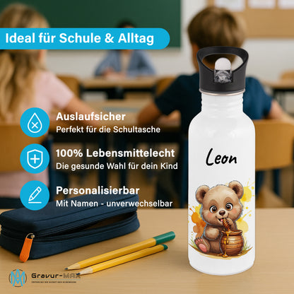 Trinkflasche mit Strohhalm in Weiß 600ml bedruckt mit niedlichen Tieren"Bär" personalisierbar für Kinder mit Wunschname aus Edelstahl