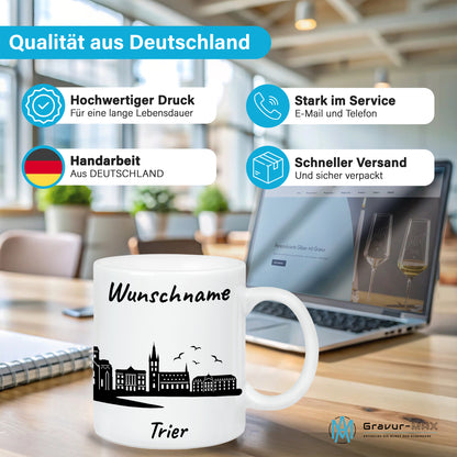 Tasse in Weiß 330ml bedruckt mit der Skyline von Trier personalisierbar mit Wunschname