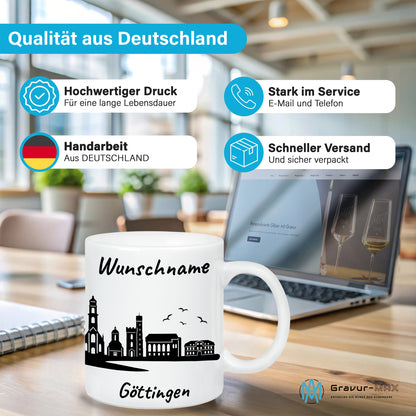 Tasse in Weiß 330ml bedruckt mit der Skyline von Göttingen personalisierbar mit Wunschname