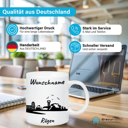 Tasse in Weiß 330ml bedruckt mit der Skyline von Rügen personalisierbar mit Wunschname