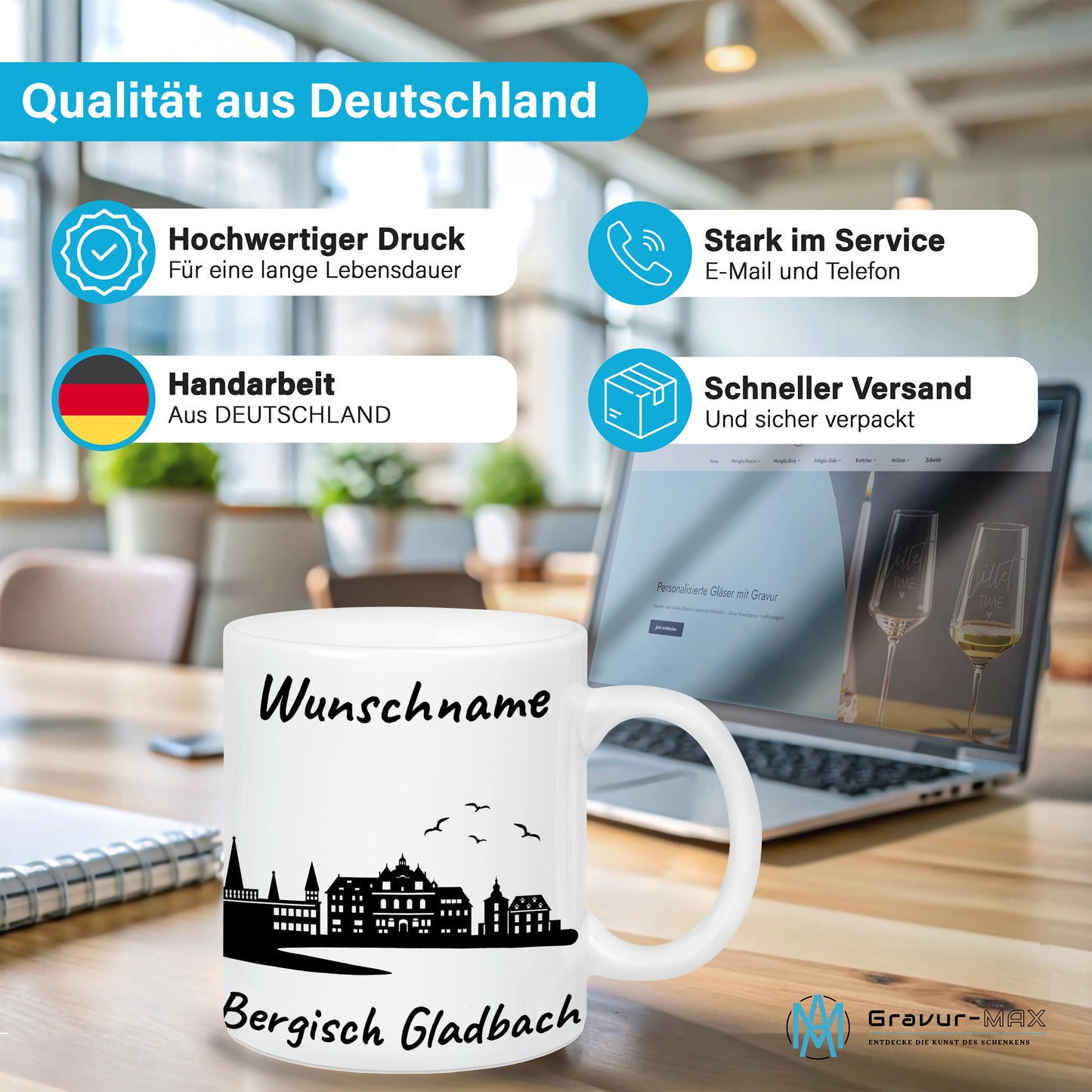 Tasse in Weiß 330ml bedruckt mit der Skyline von Bergisch Gladbach personalisierbar mit Wunschname