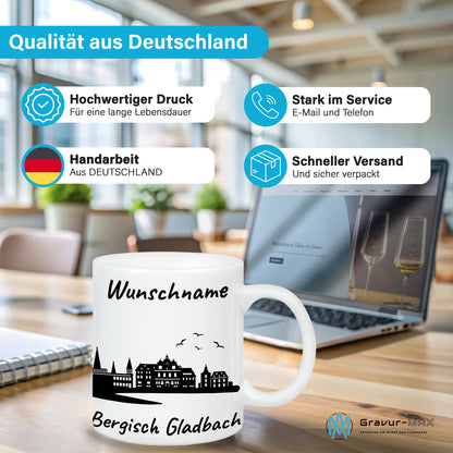 Tasse in Weiß 330ml bedruckt mit der Skyline von Bergisch Gladbach personalisierbar mit Wunschname