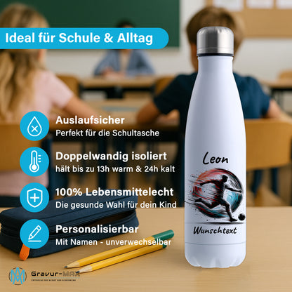 Thermoflasche 500ml in Weiß aus Edelstahl bedruckt "Fußball" Motiv3 personalisierbar mit Wunschname & Text