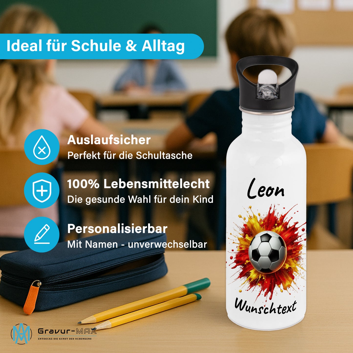 Trinkflasche mit Strohhalm in Weiß 600ml bedruckt mit Fußball Motiven"Motiv9" personalisierbar für Kinder mit Wunschname aus Edelstahl