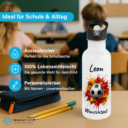 Trinkflasche mit Strohhalm in Weiß 600ml bedruckt mit Fußball Motiven"Motiv9" personalisierbar für Kinder mit Wunschname aus Edelstahl