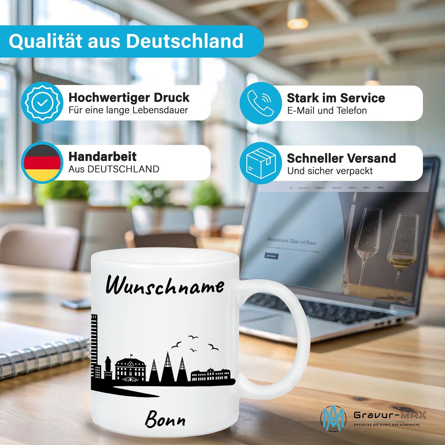 Tasse in Weiß 330ml bedruckt mit der Skyline von Bonn personalisierbar mit Wunschname