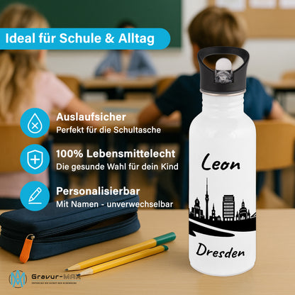 Trinkflasche in Weiß 600ml aus Edelstahl bedruckt mit der Skyline von Dresden personalisierbar mit Wunschname