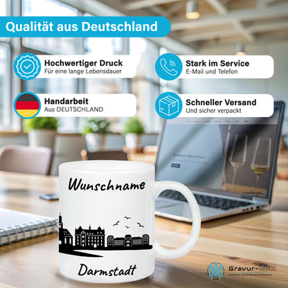Tasse in Weiß 330ml bedruckt mit der Skyline von Darmstadt personalisierbar mit Wunschname