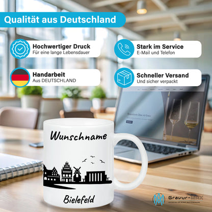 Tasse in Weiß 330ml bedruckt mit der Skyline von Bielefeld personalisierbar mit Wunschname