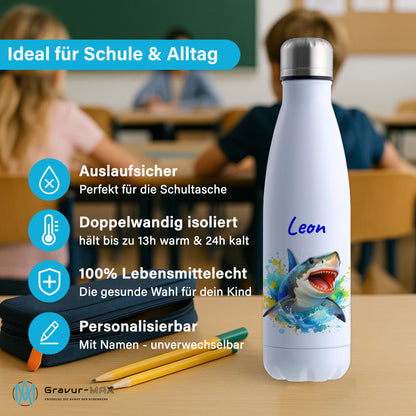 Thermoflasche 500ml in Weiß bedruckt mit tollen Motiven für Kinder "Hai" personalisierbar mit Wunschname