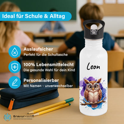Trinkflasche mit Strohhalm in Weiß 600ml bedruckt mit niedlichen Tieren"Eule" personalisierbar für Kinder mit Wunschname aus Edelstahl