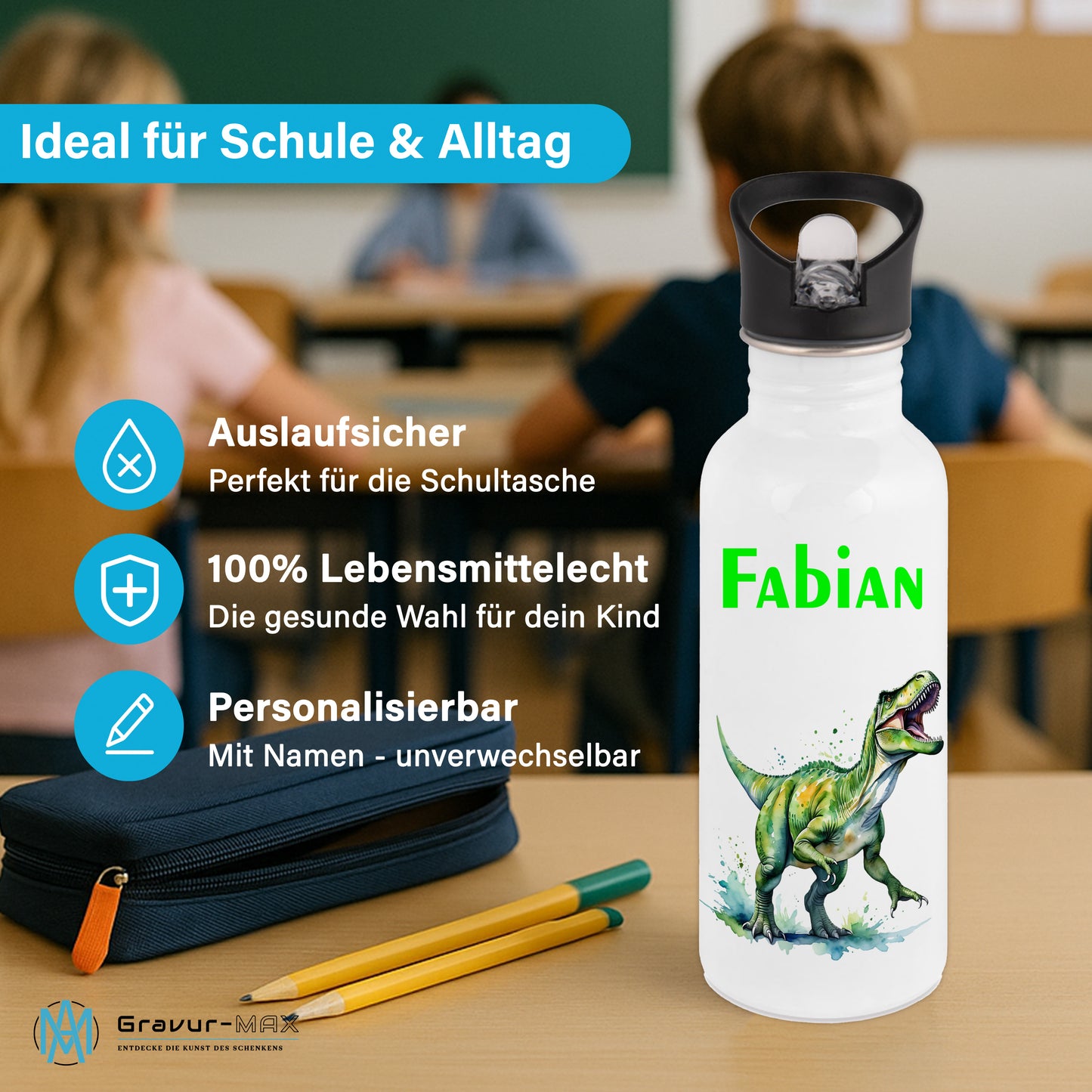 Trinkflasche mit Strohhalm in Weiß 600ml bedruckt mit tollen Motiven für Kinder "Dino T-Rex" personalisierbar für Kinder mit Wunschname aus Edelstahl