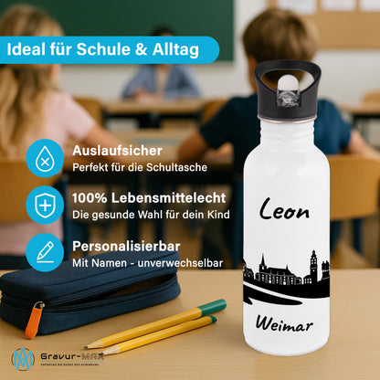 Trinkflasche in Weiß 600ml aus Edelstahl bedruckt mit der Skyline von Weimar personalisierbar mit Wunschname
