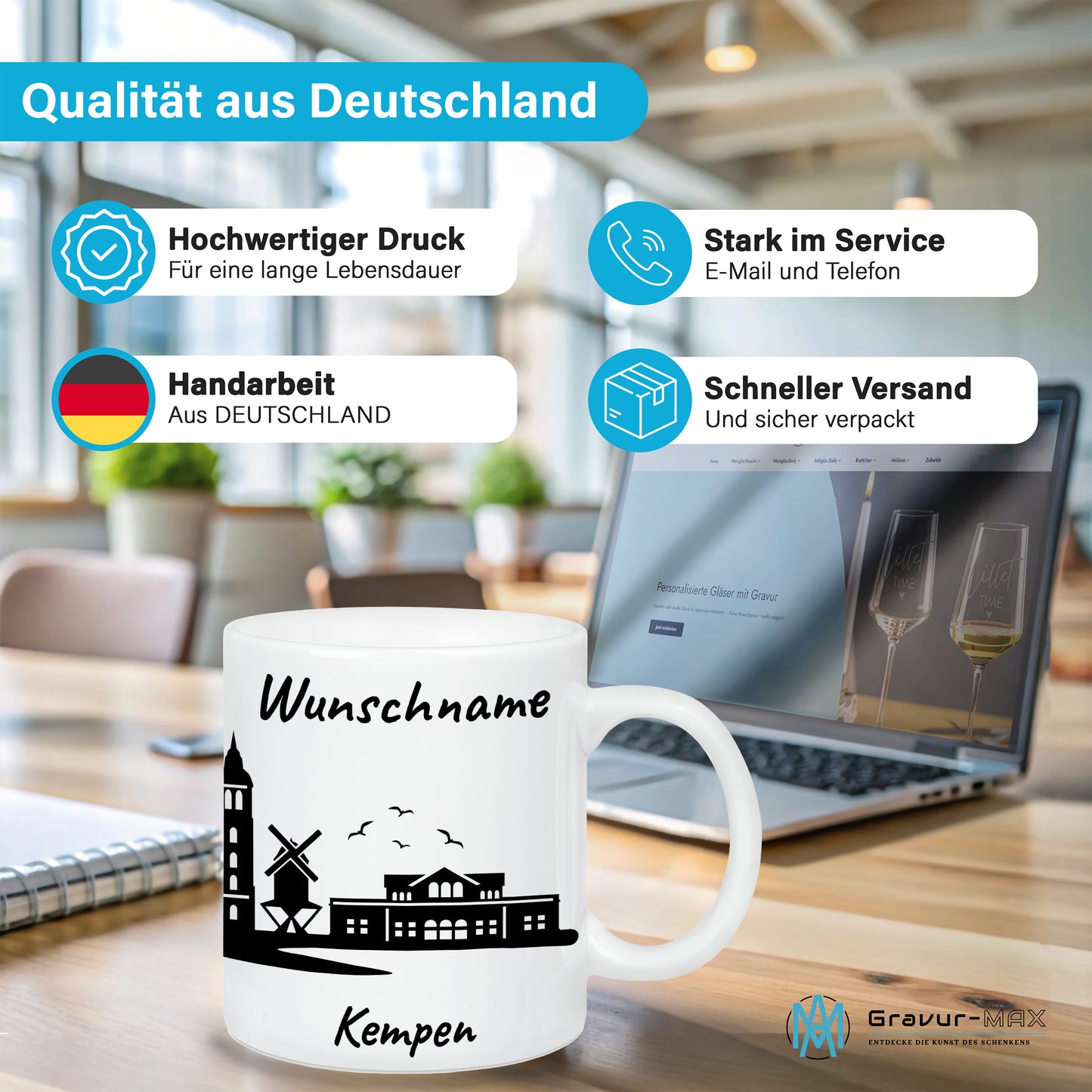 Tasse in Weiß 330ml bedruckt mit der Skyline von Kempen personalisierbar mit Wunschname