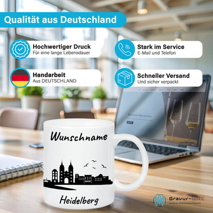 Tasse in Weiß 330ml bedruckt mit der Skyline von Heidelberg personalisierbar mit Wunschname