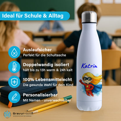 Thermoflasche 500ml in Weiß bedruckt mit tollen Motiven für Kinder "Superheldin" personalisierbar mit Wunschname