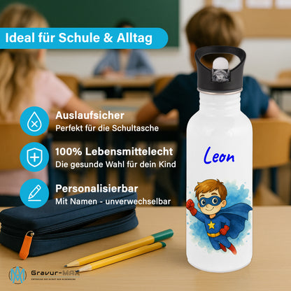 Trinkflasche mit Strohhalm in Weiß 600ml bedruckt mit tollen Motiven für Kinder "Superheld" personalisierbar für Kinder mit Wunschname aus Edelstahl