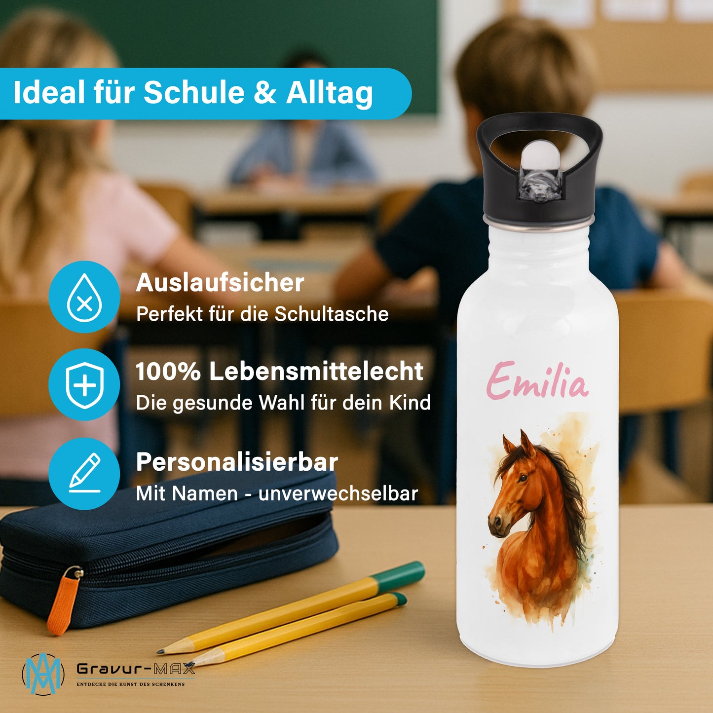 Trinkflasche mit Strohhalm in Weiß 600ml bedruckt mit tollen Motiven für Kinder "Pferd" personalisierbar für Kinder mit Wunschname aus Edelstahl