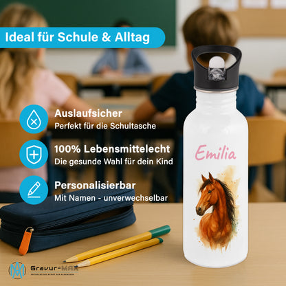 Trinkflasche mit Strohhalm in Weiß 600ml bedruckt mit tollen Motiven für Kinder "Pferd" personalisierbar für Kinder mit Wunschname aus Edelstahl