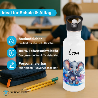 Trinkflasche mit Strohhalm in Weiß 600ml bedruckt mit niedlichen Tieren"Elefant" personalisierbar für Kinder mit Wunschname aus Edelstahl