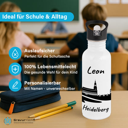 Trinkflasche in Weiß 600ml aus Edelstahl bedruckt mit der Skyline von Heidelberg personalisierbar mit Wunschname