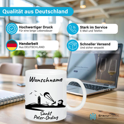 Tasse in Weiß 330ml bedruckt mit der Skyline von Sankt Peter-Ording personalisierbar mit Wunschname