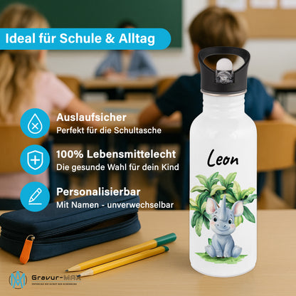 Trinkflasche mit Strohhalm in Weiß 600ml bedruckt mit Dschungel Tieren"Nashorn" personalisierbar für Kinder mit Wunschname aus Edelstahl