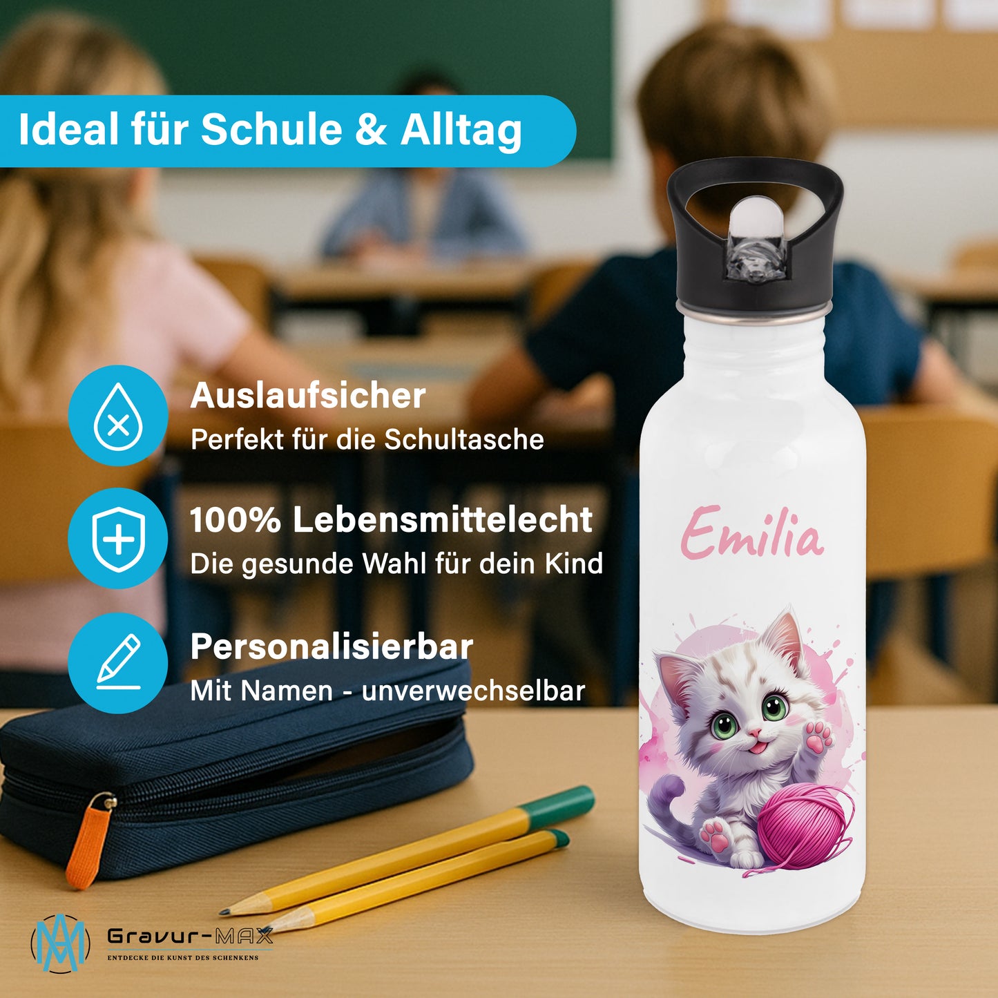 Trinkflasche mit Strohhalm in Weiß 600ml bedruckt mit niedlichen Tieren"Katze" personalisierbar für Kinder mit Wunschname aus Edelstahl