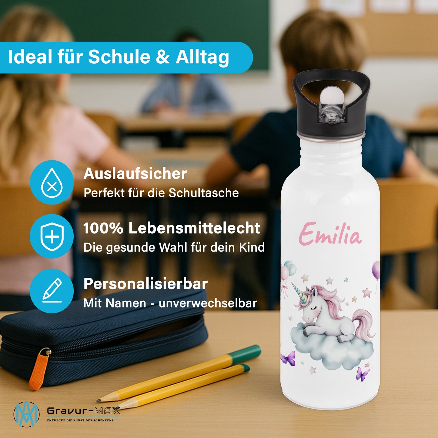 Trinkflasche mit Strohhalm in Weiß 600ml bedruckt mit tollen Motiven für Kinder "Einhorn Wolke" personalisierbar für Kinder mit Wunschname aus Edelstahl