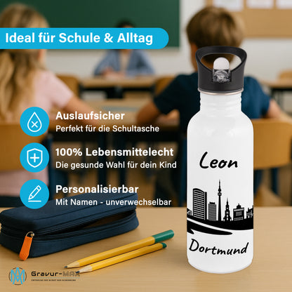 Trinkflasche in Weiß 600ml aus Edelstahl bedruckt mit der Skyline von Dortmund personalisierbar mit Wunschname